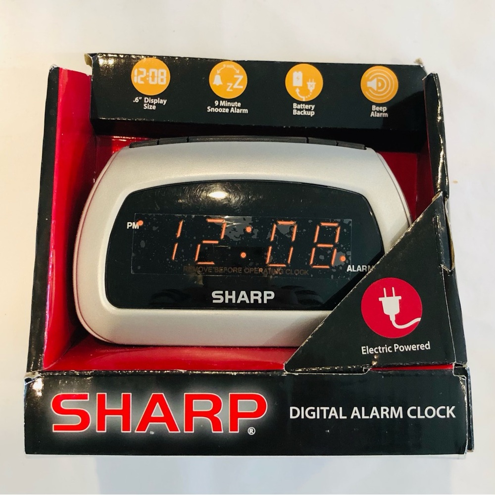 Digital Alarm Clock with Red LED Display Silver Sharp Electric